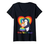 Women's Free Penguin Mom Hugs Pride Heart LGBTQ Inclusion Support V-Neck T-Shirt