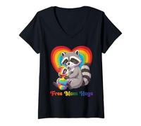 Women's Free Raccoon Mom Hugs Pride Heart LGBTQ Inclusion Support V-Neck T-Shirt