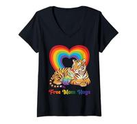Women's Free Tiger Mom Hugs Pride Heart LGBTQ Inclusion Support V-Neck T-Shirt