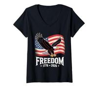 Women's Freedom 1776 2026 Bald Eagle Flag USA V-Neck T-Shirt