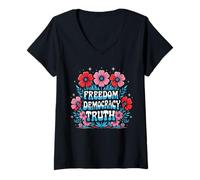 Womens Freedom Democracy Truth Retro Flowers 70s 4th of July V-Neck T-Shirt