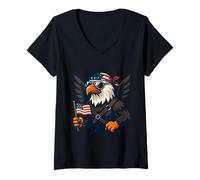 Womens Freedom Eagle Holding The American Flag V-Neck T-Shirt