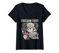 Women's Freedom First Safety Third Ben Franklin Funny 4th of July V-Neck T-Shirt