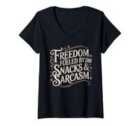 Womens Freedom Fueled by Snacks & Sarcasm Funny Patriotic V-Neck T-Shirt