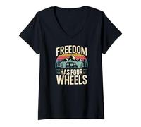 Women's Freedom Has Four Wheels Camper Van Adventure V-Neck T-Shirt