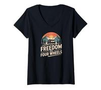 Women's Freedom Has Four Wheels Camper Van Mountain Trip V-Neck T-Shirt