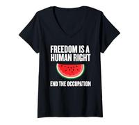 Womens Freedom is A Human Right, End The Occupation, Watermelon V-Neck T-Shirt