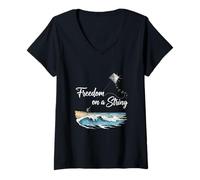 Womens Freedom On A String Kite Flying Beach Sky Lover V-Neck T-Shirt
