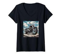 Womens Freedom Skies and Cool Motorcycle Graphic V-Neck T-Shirt