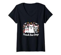 Womens French Boo Dogs T Shirt Funny French Bulldog Halloween Tee V-Neck T-Shirt