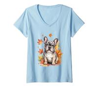 Womens French Bulldog Autumn Leaves Cute Dog Lovers Men Women V-Neck T-Shirt