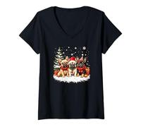 Womens French Bulldog Christmas Trio with Santa Claus Snow Tree V-Neck T-Shirt