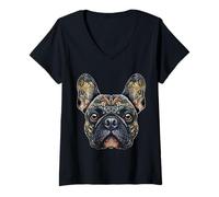 Womens French Bulldog Dog Motif Pet Art Mandala French Bulldog V-Neck T-Shirt