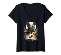 Women's French Bulldog Moon Waterfall Night Landscape V-Neck T-Shirt