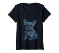Womens French Bulldog Puppy Distressed Denim Patch Graphic V-Neck T-Shirt