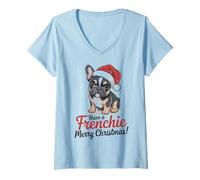 Womens French Bulldog Santa Hat Have a Frenchie Merry Christmas V-Neck T-Shirt