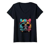Womens French Bulldog Skateboarding with Sunglasses and Cap V-Neck T-Shirt