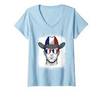 Women's French Flag Cowboy Hat Sunglasses National Pride V-Neck T-Shirt
