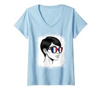 Women's French Flag Sunglasses National Pride Style V-Neck T-Shirt