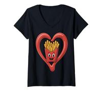 Womens French Fries Love Kawaii Heart V-Neck T-Shirt