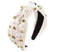 Womens French Style Retro Rhinestones Pearl Hairband Wide Brim Knotted Headband Tweed Headbands White