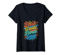 Womens Fresh Grade Fierce Sass Cool Back to School Typography V-Neck T-Shirt