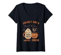 Womens Freshly Boo'd Coffee Dead Inside Screams Sugar V-Neck T-Shirt