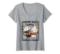 Womens Freshly Boo'd Coffee Served with Scream & Sugar Halloween V-Neck T-Shirt