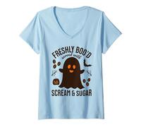 Womens Freshly Boo'd Served with Scream and Sugar Coffee Ghost V-Neck T-Shirt
