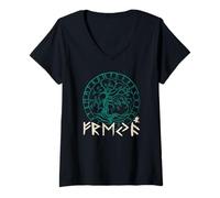 Womens Freyja Yggdrasil, Futhark Runes Circle Shield-Maiden Viking V-Neck T-Shirt