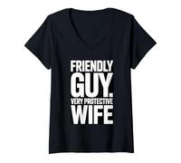 Women's Friendly Guy Very Protective Wife Funny Husband V-Neck T-Shirt