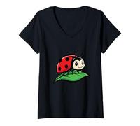 Women's Friendly Red Ladybug on Green Leaf Garden Insect V-Neck T-Shirt