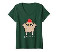 Women's Friends Sunglasses Turkey V-Neck T-Shirt, Dark Green, Small