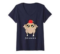 Women's Friends Sunglasses Turkey V-Neck T-Shirt, Navy Blue, Small