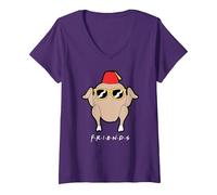 Women's Friends Sunglasses Turkey V-Neck T-Shirt, Purple, Medium