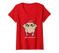 Women's Friends Sunglasses Turkey V-Neck T-Shirt, Red, X-Large