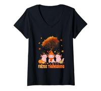 Womens Friends Thanksgiving Three Cute Axolotls Fall Tree Pilgrim V-Neck T-Shirt