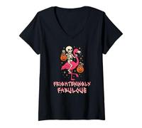 Womens Frighteningly Fabulous Halloween Skeleton Riding Flamingo V-Neck T-Shirt