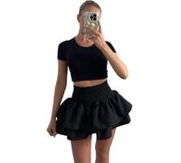 Womens Frill RaRa Mini Skirt Ladies High Elasticated Waist Pleated Gathering Plain and Printed Skirt Check Tartan Mini Skirt Casual Summer Wear Fancy Party RaRa Skirt Plus Size 6-14