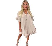 Womens Frill Ruffle Gold Button Swing Dress Ladies Short Sleeve Collared Neck Loose Fit Baggy Oversized Frill Ruffle Crinkle Top Casual Wear Fancy Party Wear Plain Frill Hem Dress Plus Size 14-28