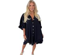 Women’s Frill Ruffle Pleated Gold Button Short Sleeve Plain Collared Frill Hem Ladies Casual Loose Fit Oversized Baggy Zig Zag Swing Summer Crinkle Frill Ruffle Dresses for Women (Black, UK 16)