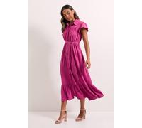 Womens Frill Sleeve Belted Midi Shirt Dress Rose 14