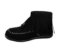 Women's Fringe Ankle Boots Flat Retro Ankle Booties with Arch Support Round Toe Ethnic Bohemian Vintage Suede Tassel Wide Fit Cowboy Boots Fashion Short Booties with Side Zipper Warm (#B-Black, 5.5)