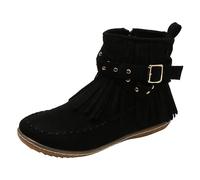 Women's Fringe Ankle Boots Flat Retro Ankle Booties with Arch Support Round Toe Ethnic Bohemian Vintage Suede Tassel Wide Fit Cowboy Boots Fashion Short Booties with Side Zipper Warm Fall Winter Boots