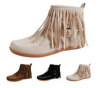 Women'S Fringe Ankle Boots, Womens Flat Boots, Faux Suede Booties With Contrast Stitching & Buckle Strap Deco, Comfortable Side-Zip Footwear For Casual Outings, Leisure Strolls And Relaxed Weekends