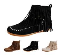 Women'S Fringe Ankle Boots, Womens Flat Boots, Faux Suede Booties With Contrast Stitching & Buckle Strap Deco, Comfortable Side-Zip Footwear For Casual Outings, Leisure Strolls And Relaxed Weekends