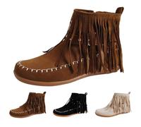 Women'S Fringe Ankle Boots, Womens Flat Boots, Faux Suede Booties With Contrast Stitching & Buckle Strap Deco, Comfortable Side-Zip Footwear For Casual Outings, Leisure Strolls And Relaxed Weekends