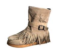 Women's Fringe Cowboy Boots,Boho Fashion Boots for Women,Boho Fringe Tassel Platform Chunky Heel Western Cowgirl Boot Retro Ethnic Wedge Wide Mid Calf Suede Ankle Boot