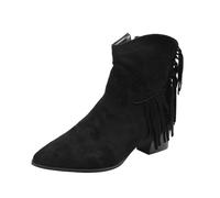 Women's Fringe Cowboy Boots Ladies Wedge Heel Ankle Boots Ethnic Suede Tassel Short Booties Side Zip Fashion Slip On Booties Warm Fall Winter Shoes Ladies Winter Shoes Black