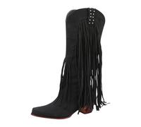 Women's Fringe Cowboy Boots, Suede Western Ankle Boots with Heart Embroidery, Pointed Toe Low Heel Short Boots for Daily Wear, Party, Casual Outfits, British Style Fashion Footwear Black B